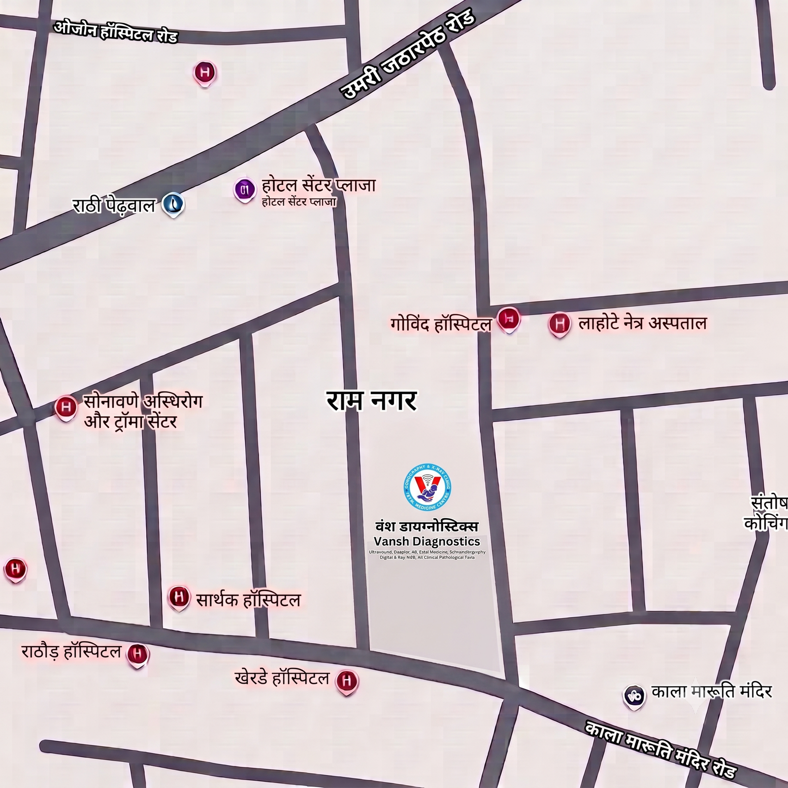 Map showing Vansh Diagnostics in Ram Nagar, Akola — near Govind Hospital, off Umri Jatharpeth Road